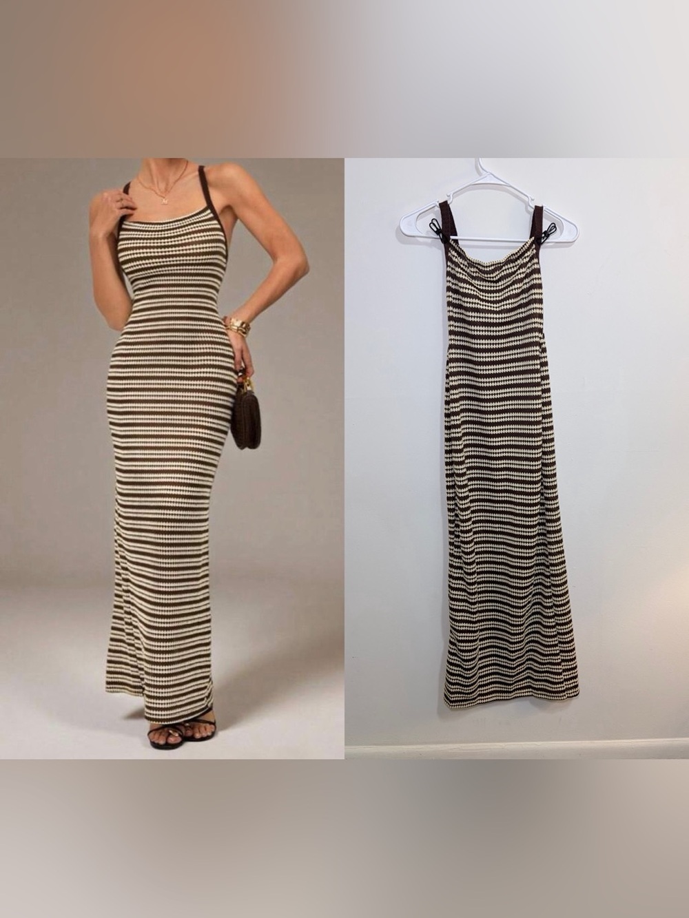 SHEIN Brown Cream Striped Knit Maxi Dress Criss Cross Back